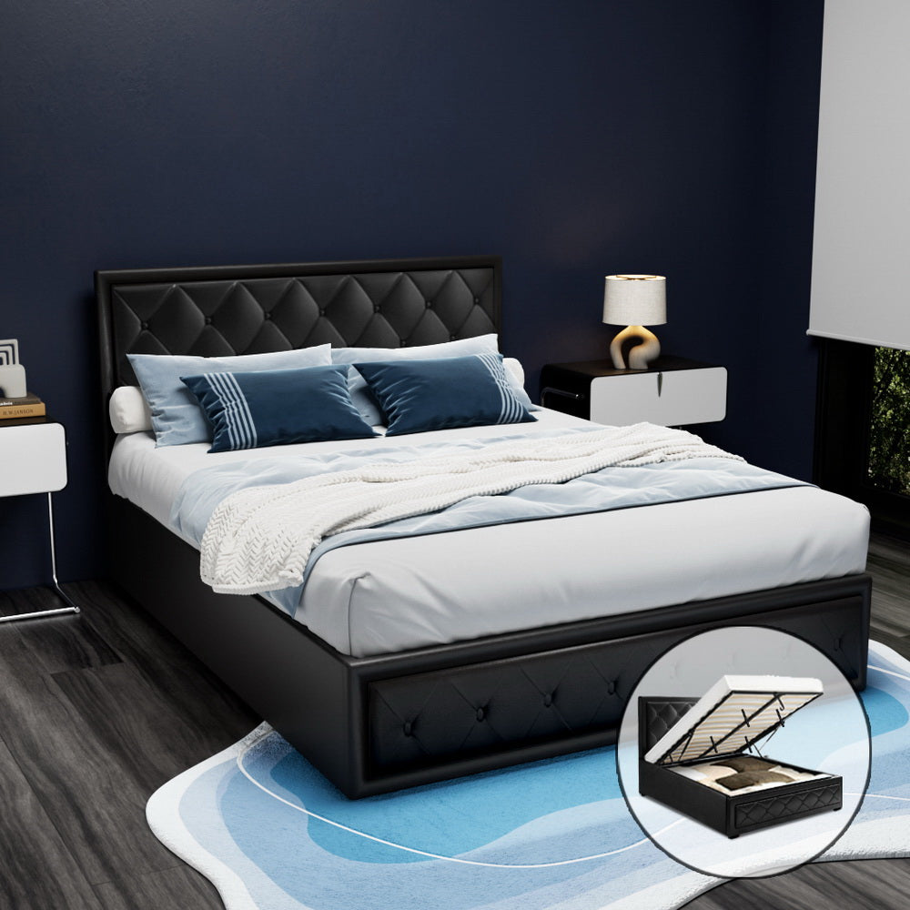 Tiyo Queen Gas Lift Bed Frame PVC Leather Black