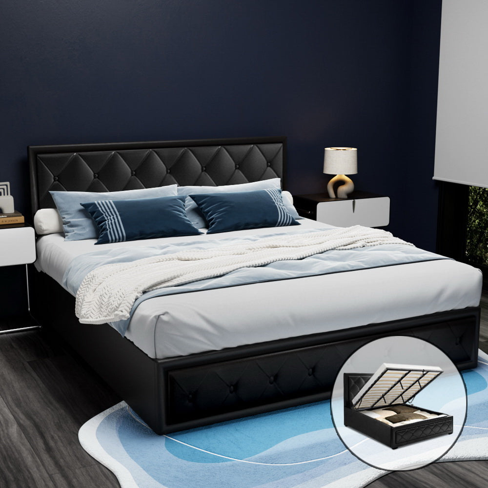 Tiyo King Size Gas Lift Bed Frame PVC Leather Black