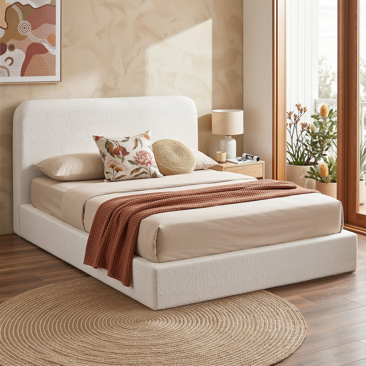 Artiss Queen Boucle Compression Bed Frame No-Assembly