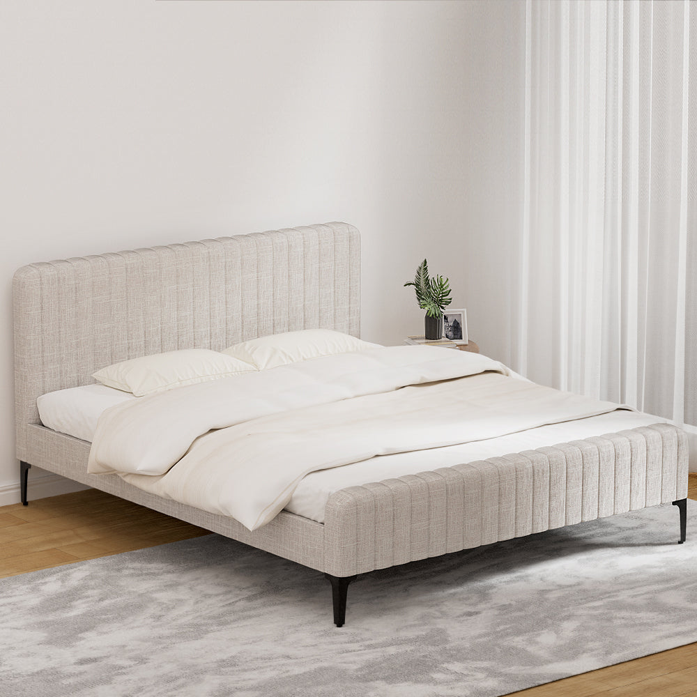 AMMY King Bed Frame Faux Linen Upholstered Beige