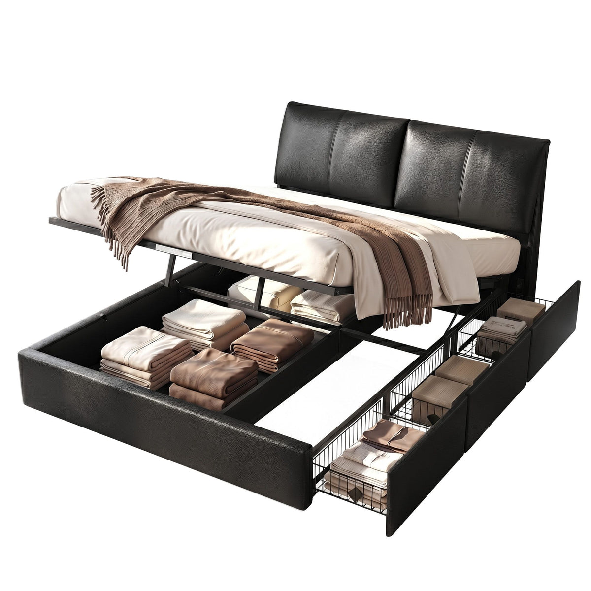 Artiss Queen Bed Frame Gas Lift 3 Drawers Adjustable Headboard Black