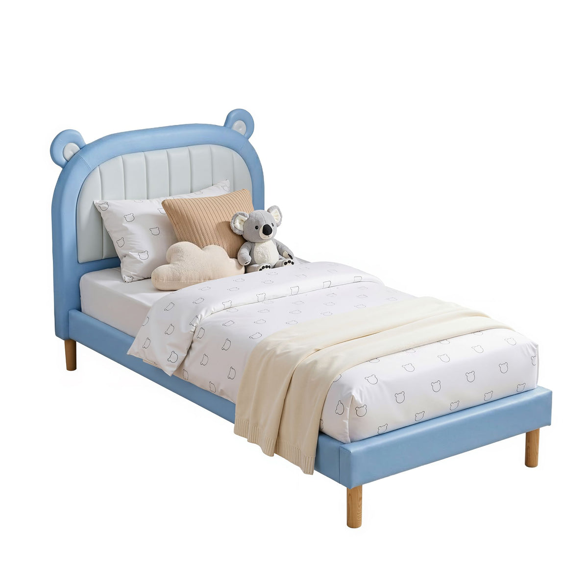 Artiss Kids King Single Bed Frame Bear Headboard Blue and White