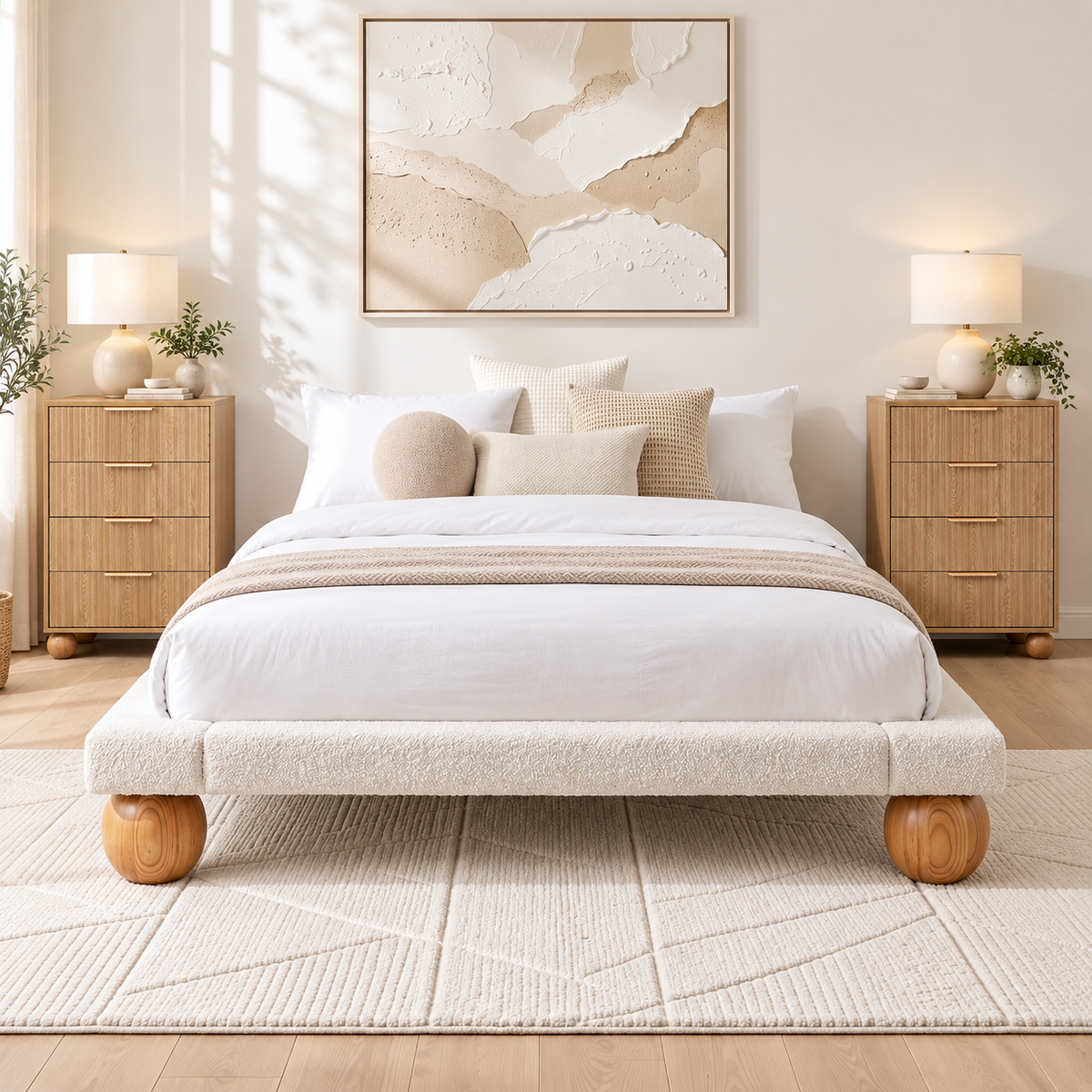 Artiss Queen Bed Frame with 2 Chest of Drawers, Boucle Upholstery