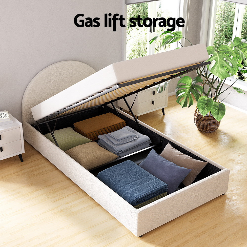 ELLA King Single Bed Frame Gas Lift Storage Boucle Fabric Beige