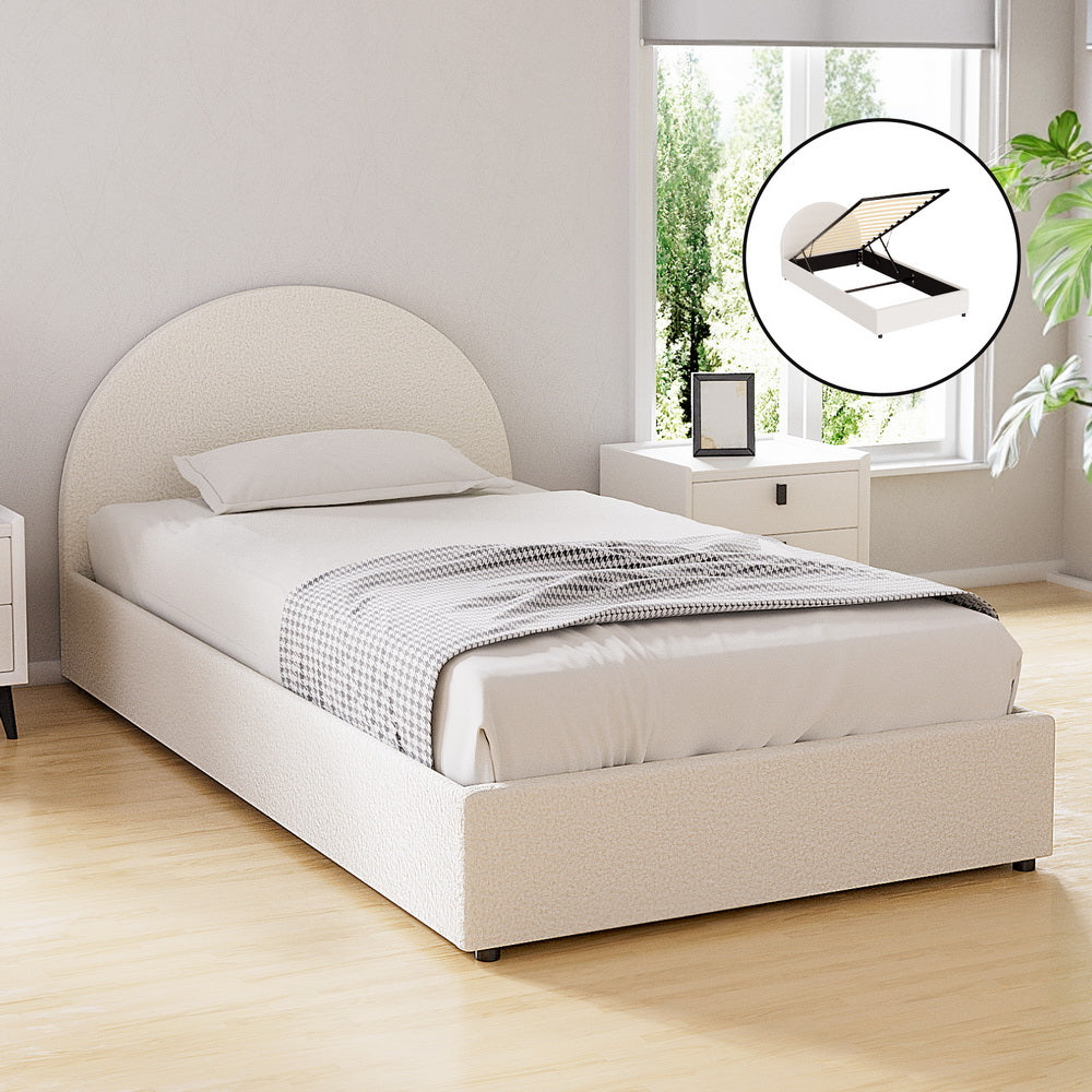 ELLA King Single Bed Frame Gas Lift Storage Boucle Fabric Beige