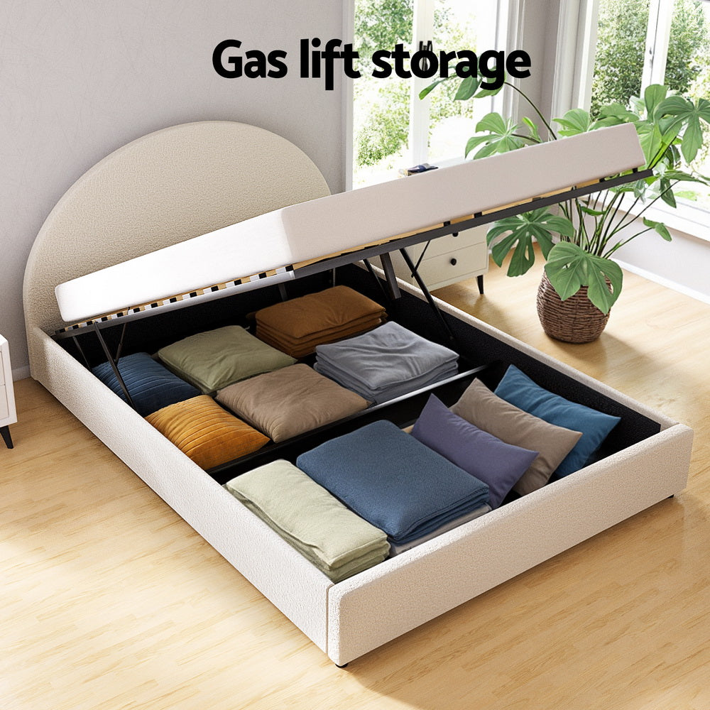 ELLA Queen Bed Frame Gas Lift Storage Boucle Fabric Beige