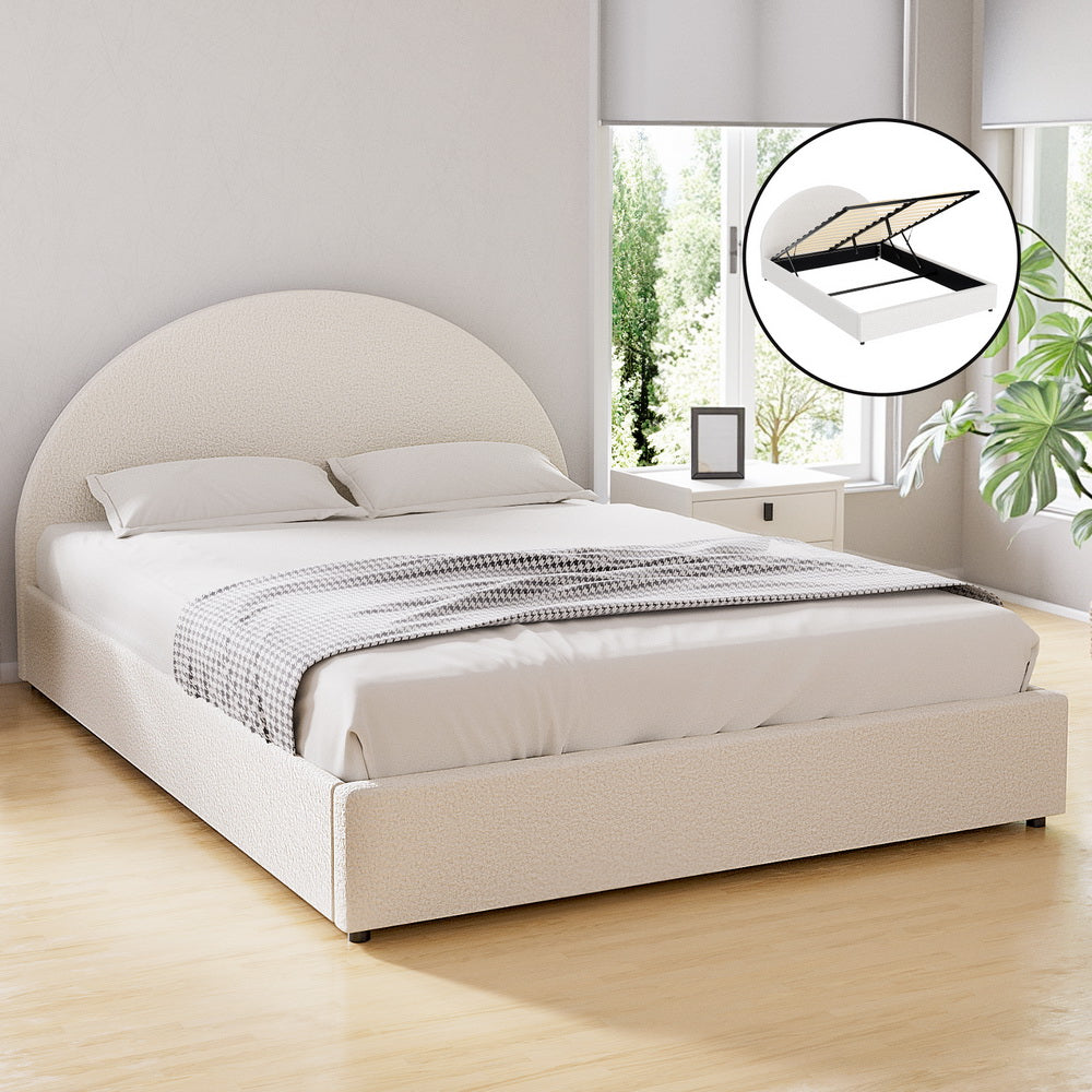 ELLA Queen Bed Frame Gas Lift Storage Boucle Fabric Beige