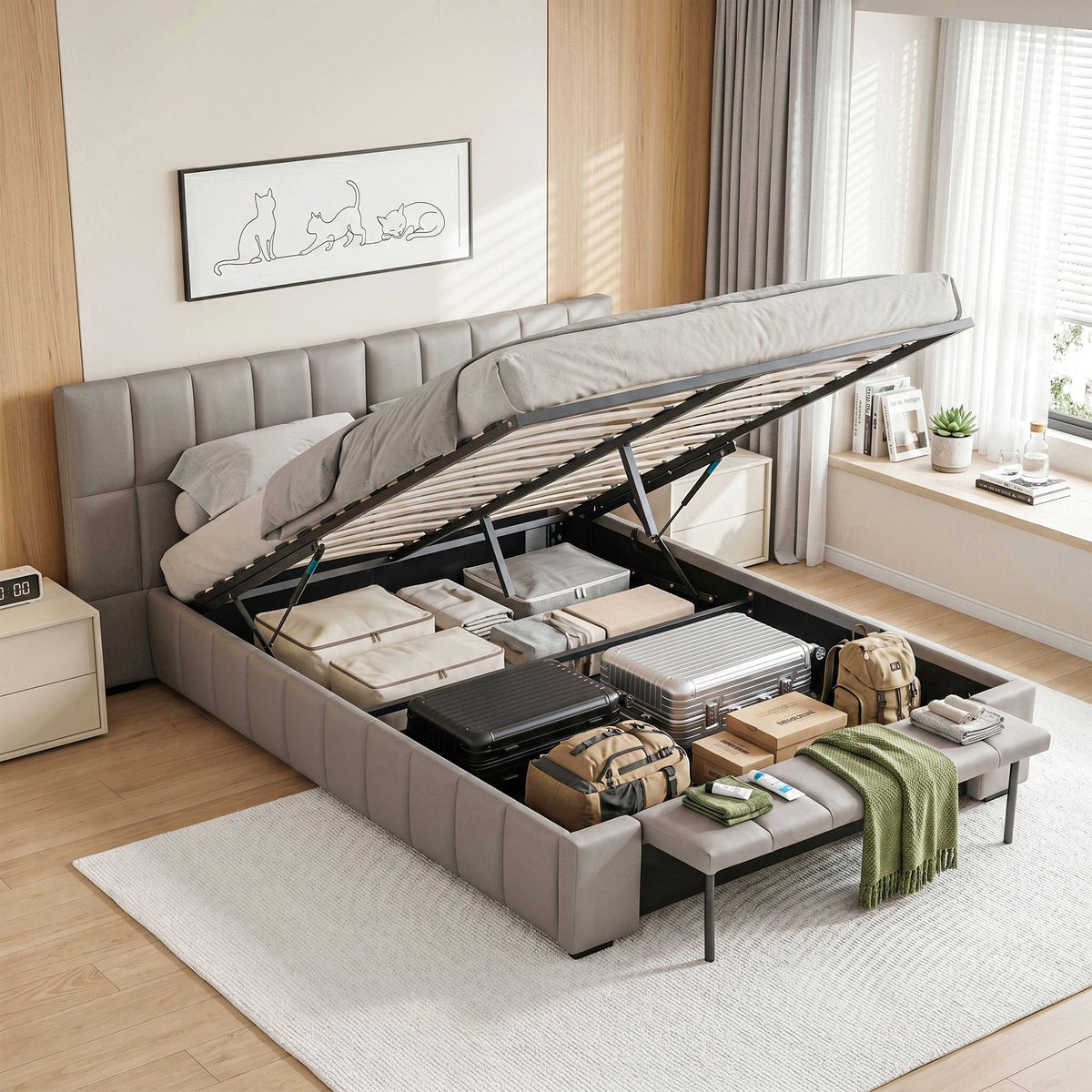 Artiss Double Upholstered Gas Lift Bed Frame with Foldable Bench