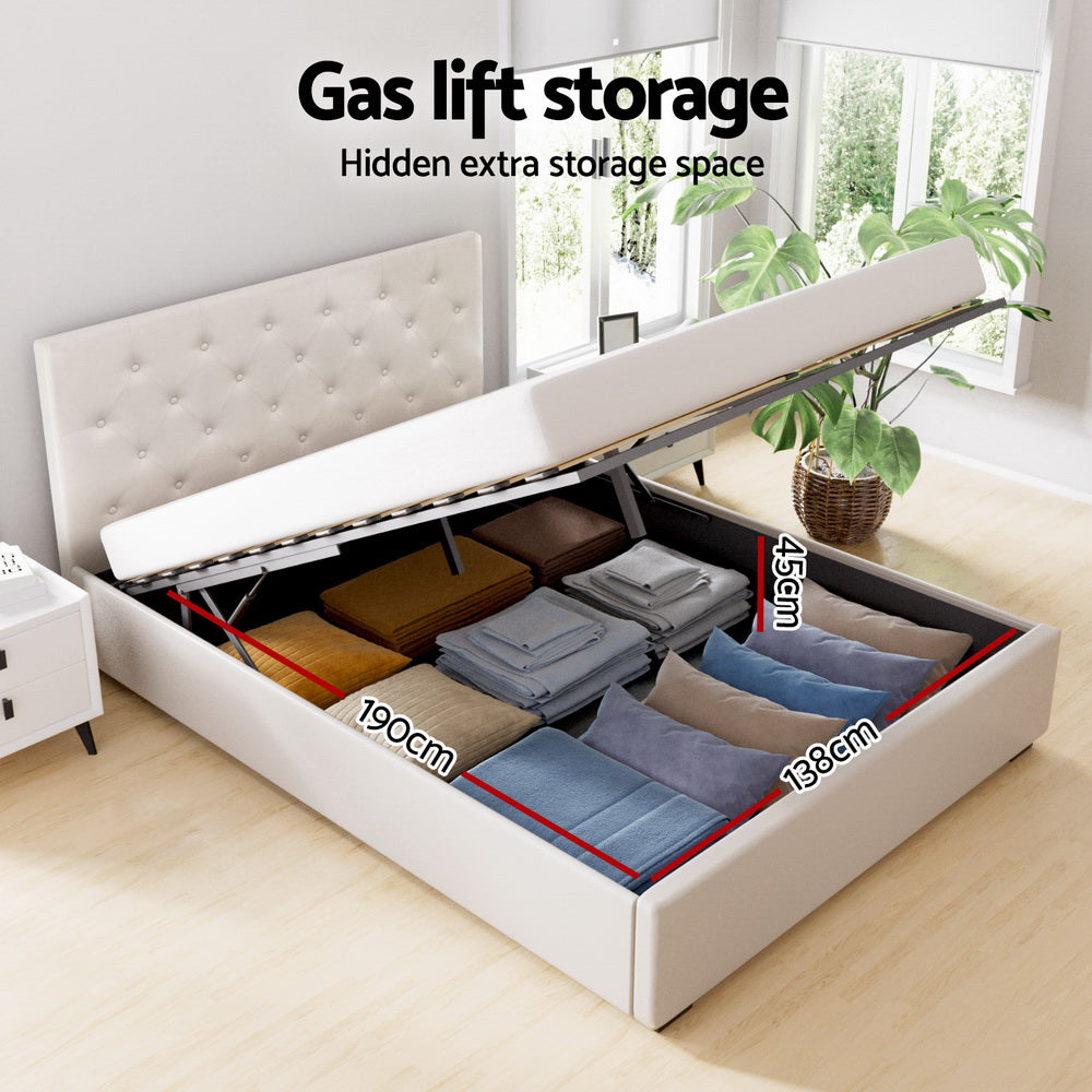 VILA Double Bed Frame Gas Lift Storage Beige