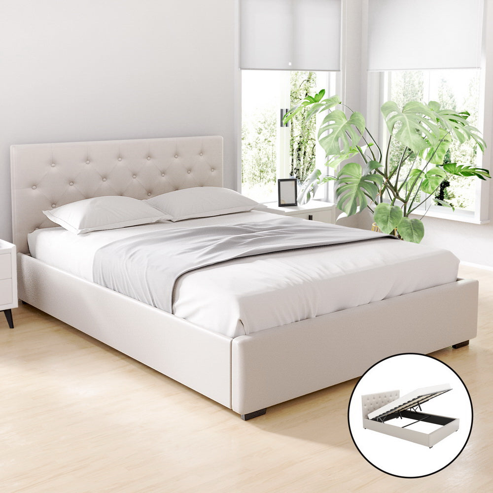 VILA Double Bed Frame Gas Lift Storage Beige