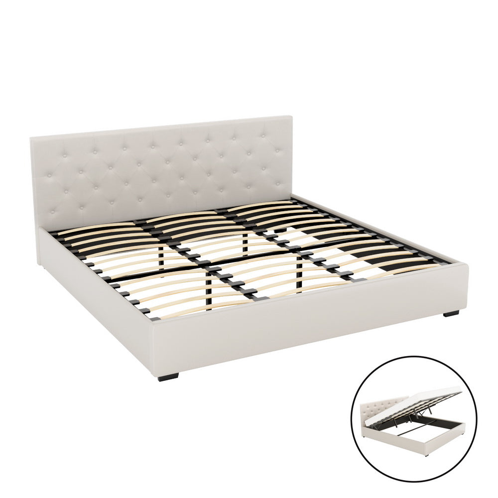 VILA King Bed Frame Gas Lift Storage Beige
