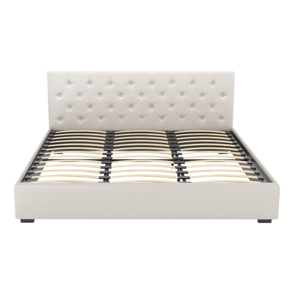 VILA King Bed Frame Gas Lift Storage Beige