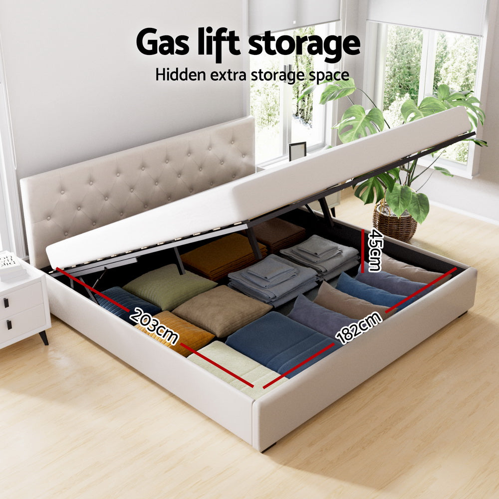 VILA King Bed Frame Gas Lift Storage Beige