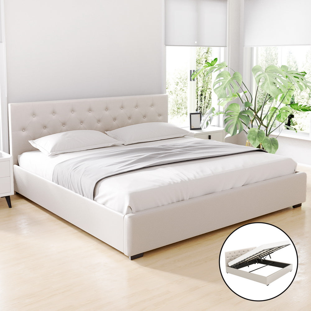 VILA King Bed Frame Gas Lift Storage Beige