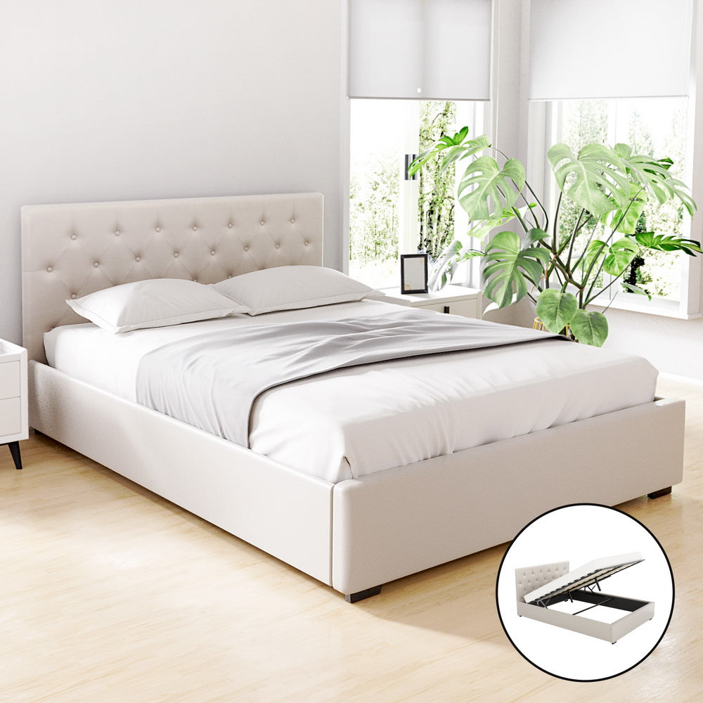 Vila Queen Size Gas Lift Storage Bed Frame Beige