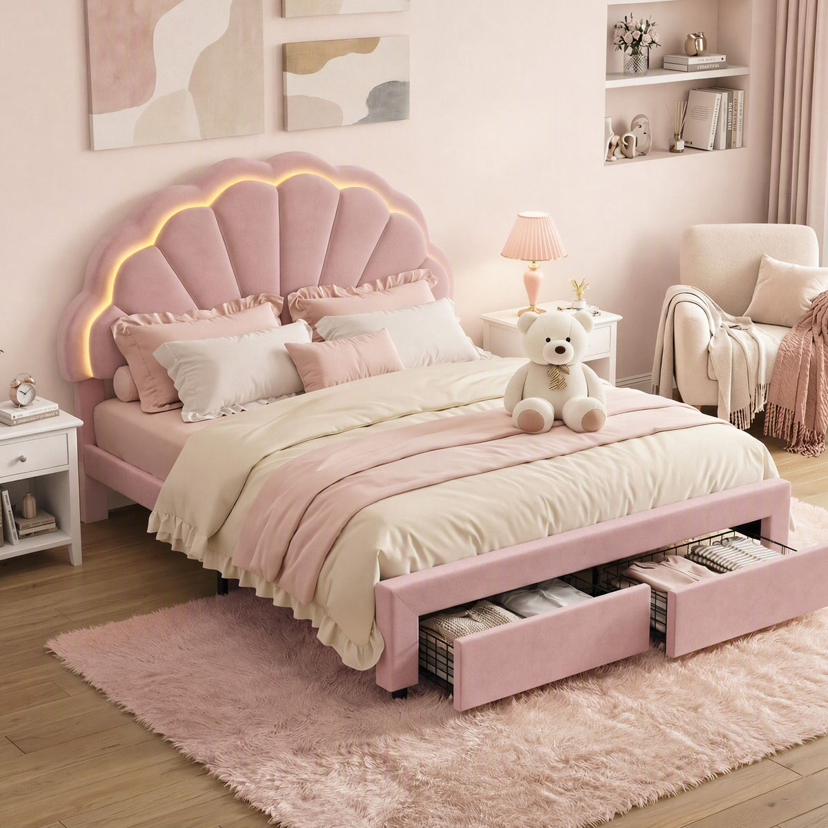 Glow Double Velvet Bed Frame with Storage Drawers Pink
