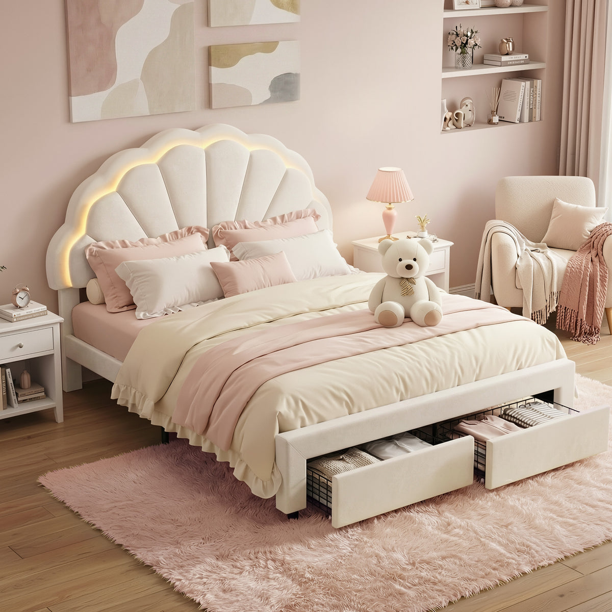 Artiss Double Bed Frame with Drawers Velvet Upholstered LED Headboard