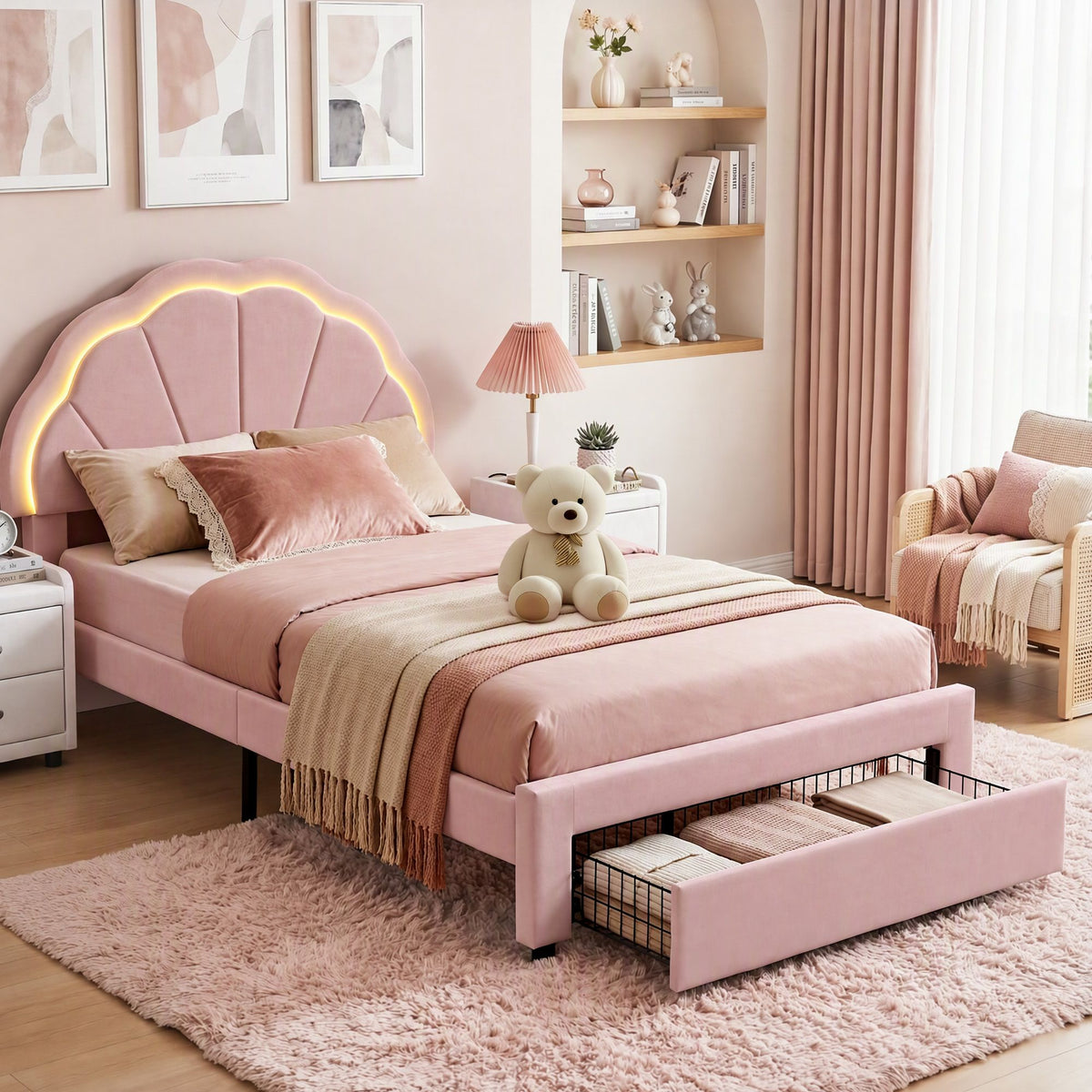 Glow King Single Bed Frame with Storage Drawer Pink
