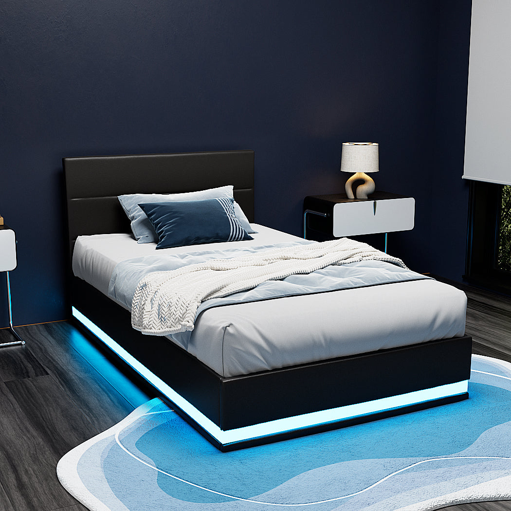 LUMI King Single Bed Frame LED Gas Lift Black
