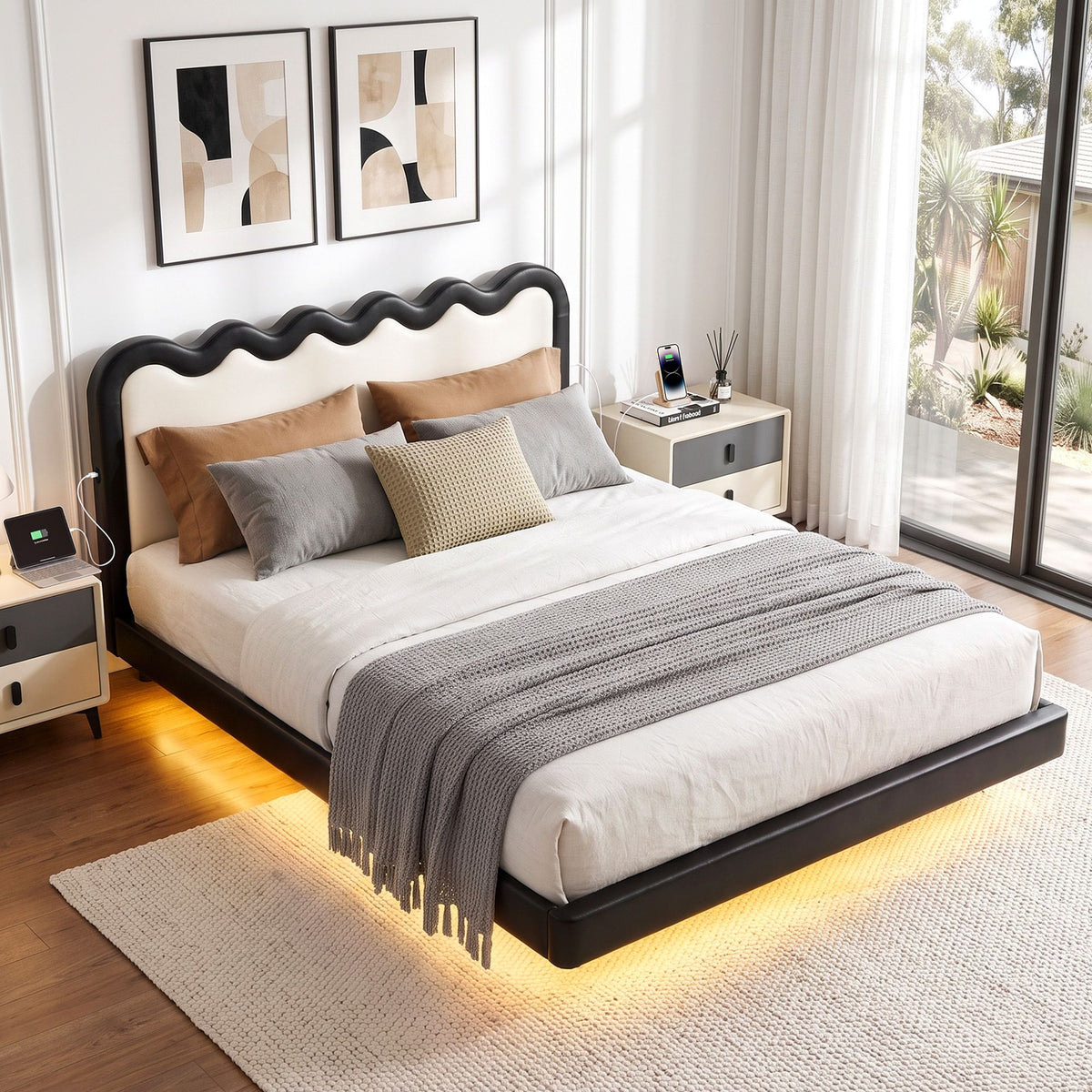 Artiss Queen Floating Bed Frame with RGB LED and USB Charging