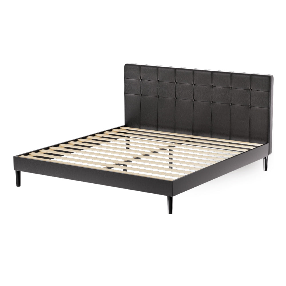 RAVI King Bed Frame LED Black PVC Leather