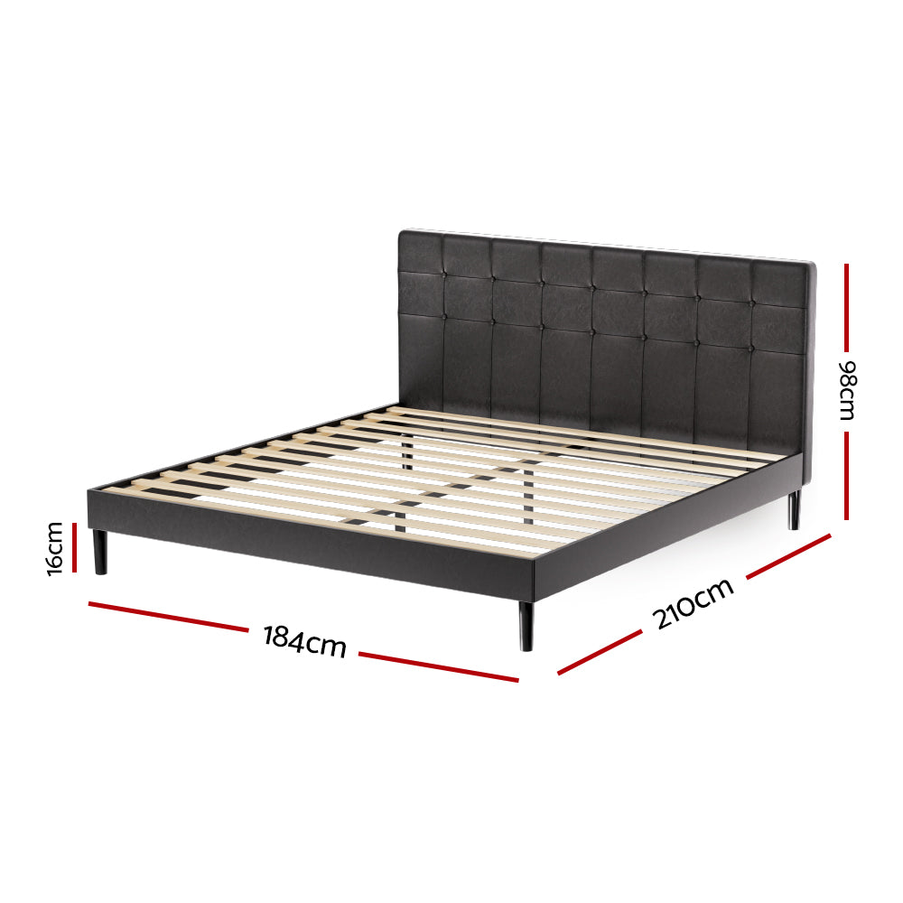 RAVI King Bed Frame LED Black PVC Leather