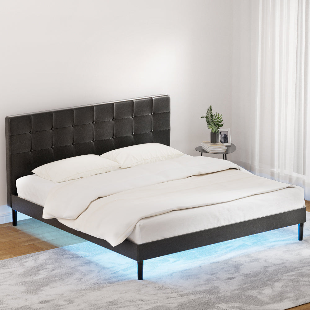 RAVI King Bed Frame LED Black PVC Leather