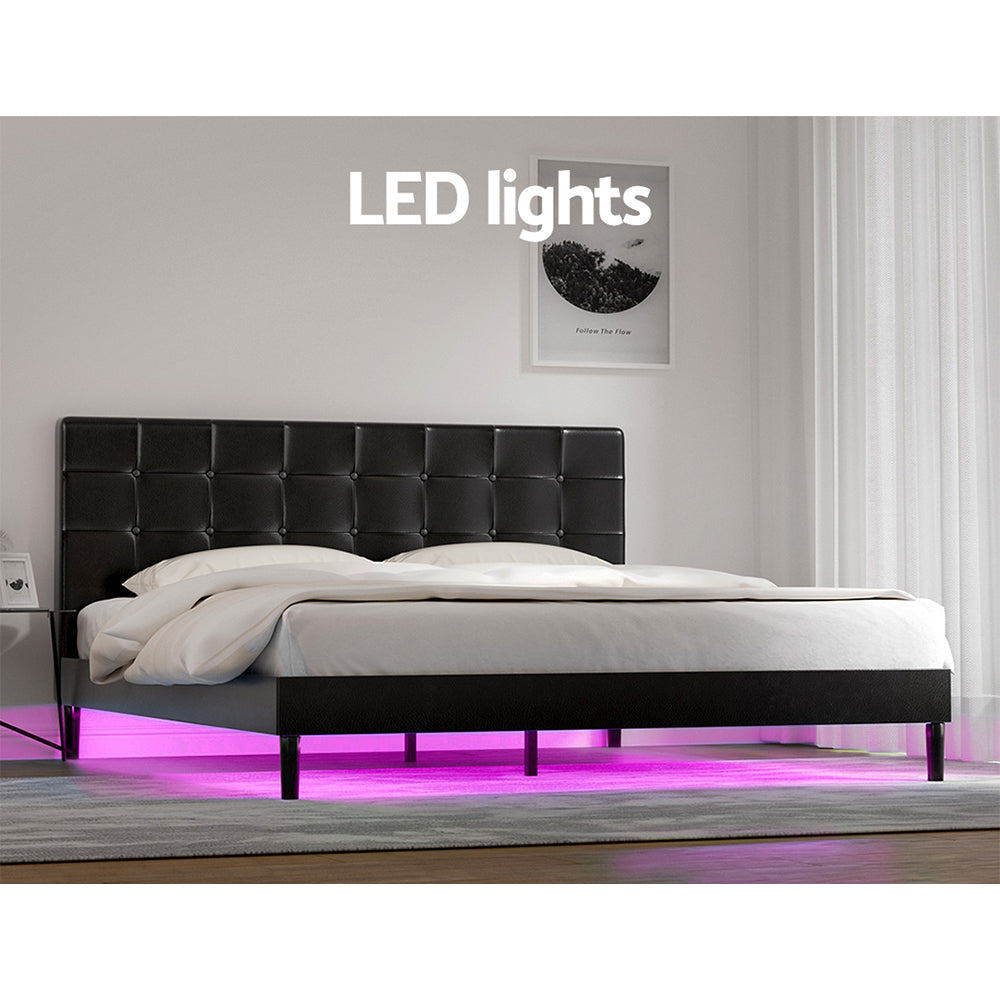 RAVI King Bed Frame LED Black PVC Leather