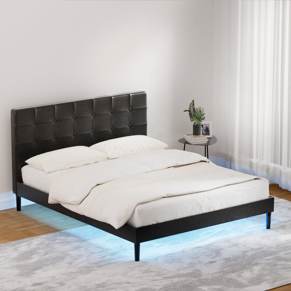 RAVI Queen Bed Frame LED Black PVC Leather