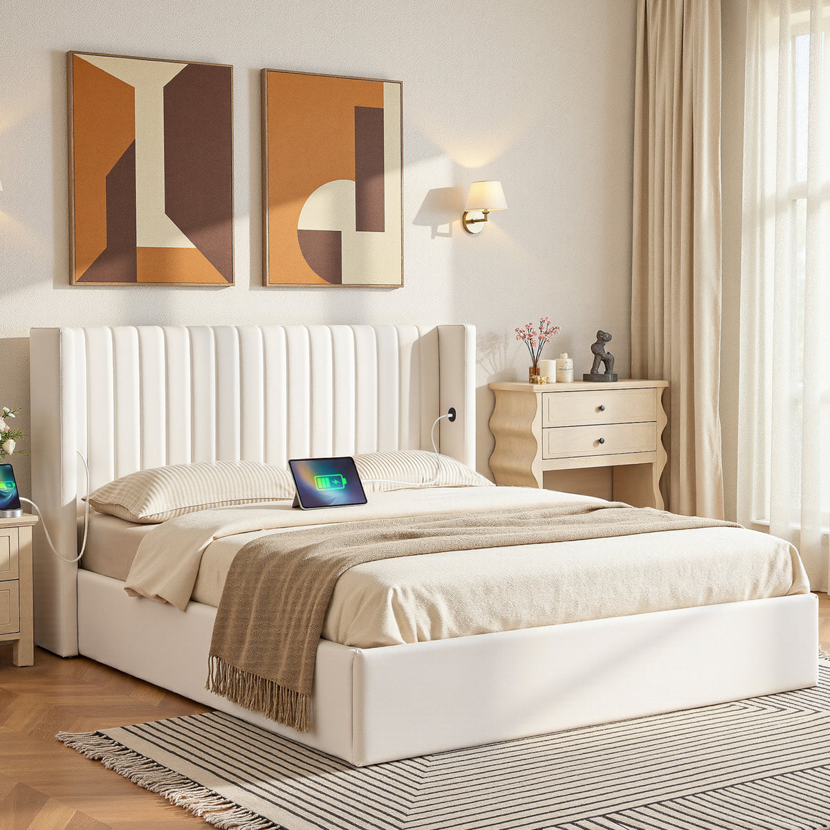 Artiss Double Bed Frame Gas Lift Storage USB Velvet White