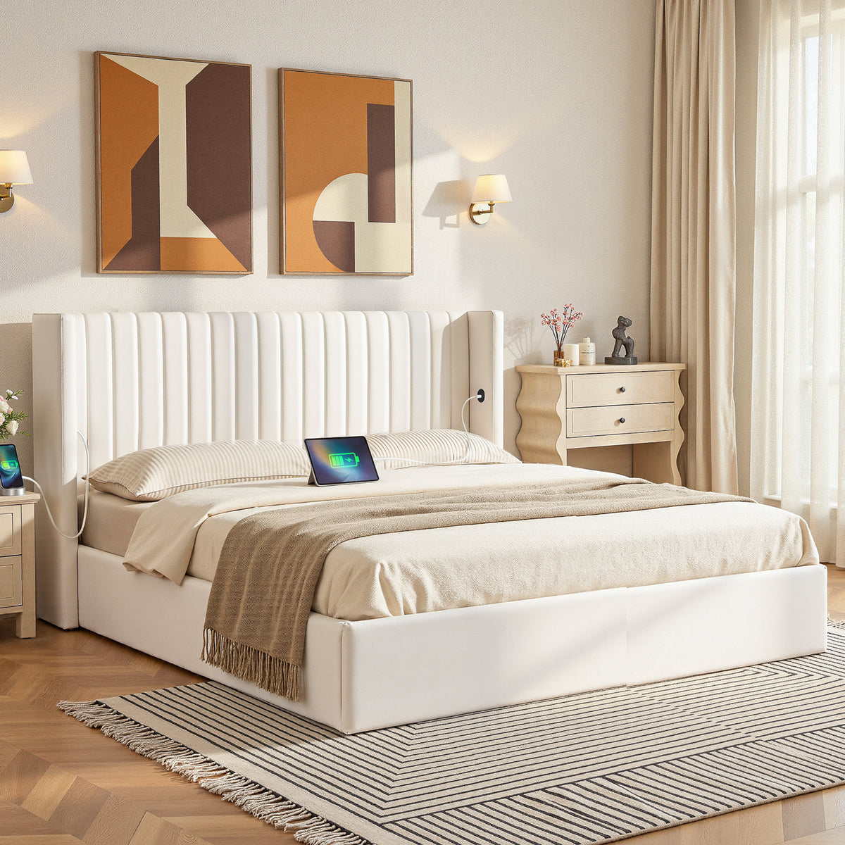 Artiss King Velvet Bed Frame with Gaslift Storage and USB Ports White