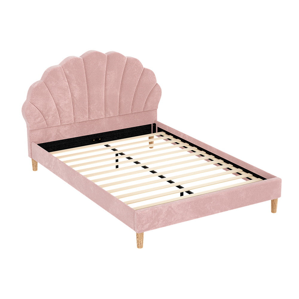 Rosy Double Bed Frame with Scallop Bedhead in Pink Velvet