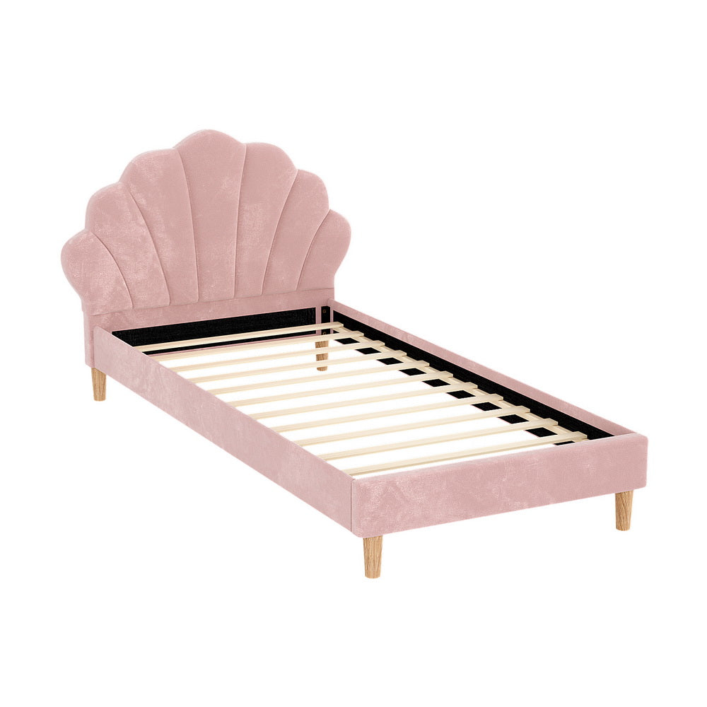 Rosy King Single Bed Frame Scallop Bedhead Pink Velvet