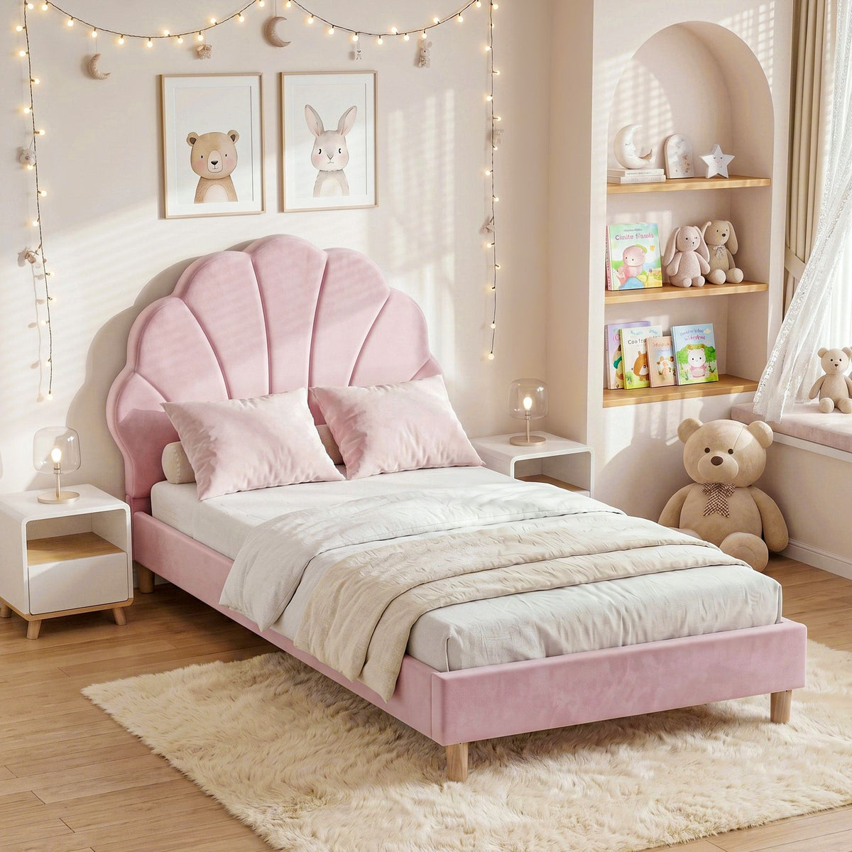 Artiss Single Bed Frame Scallop Headboard Pink Velvet