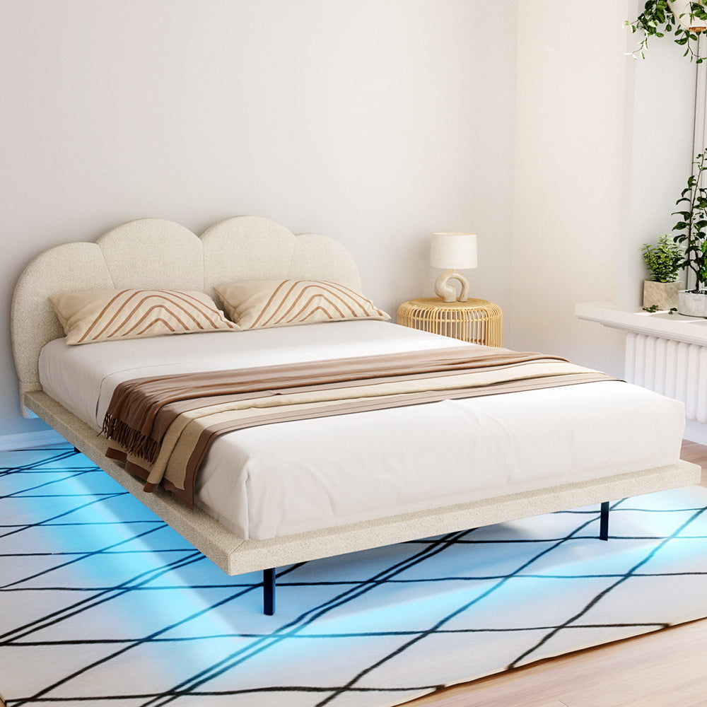 SASA Queen Bed Frame Boucle Beige LED