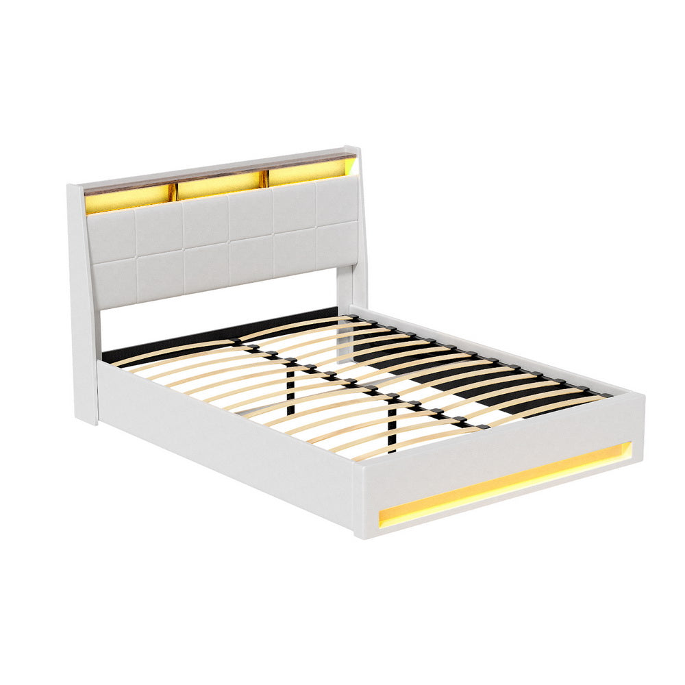 SUNSET Double Bed Frame Gas Lift LED Storage White PVC Leather
