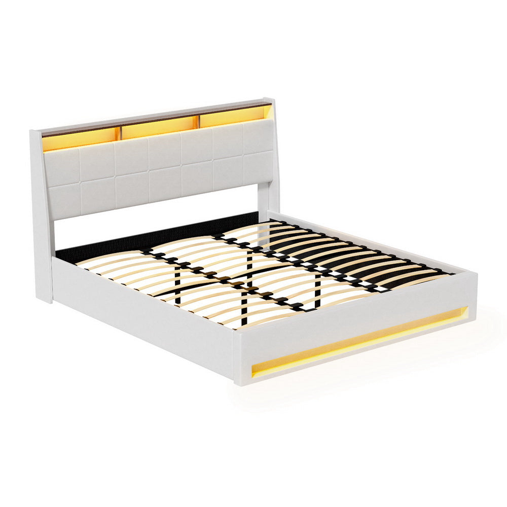 SUNSET King Bed Frame Gas Lift LED Storage White PVC Leather