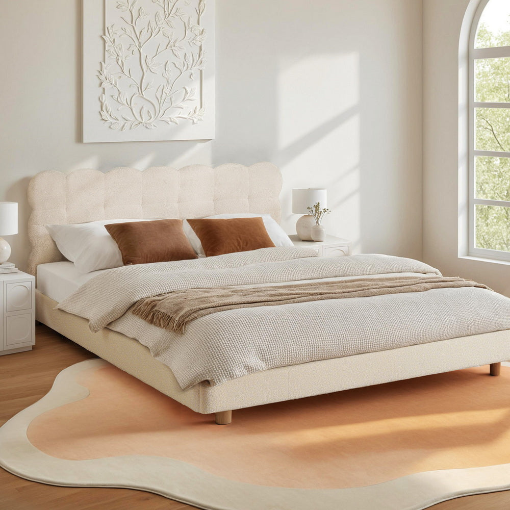 CLOUD Double Bed Frame Boucle Fabric Cloud Headboard White