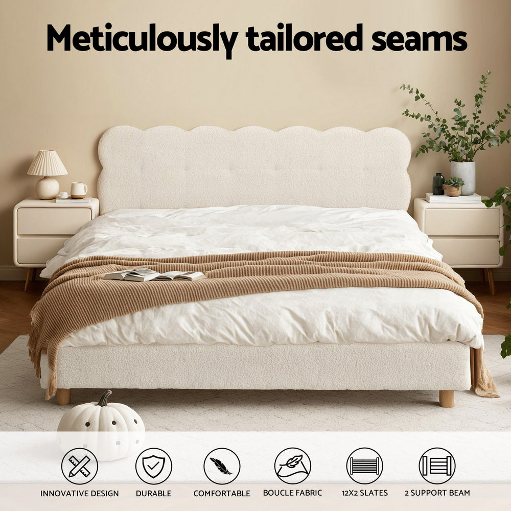 CLOUD Queen Bed Frame Boucle Fabric Cloud Headboard White
