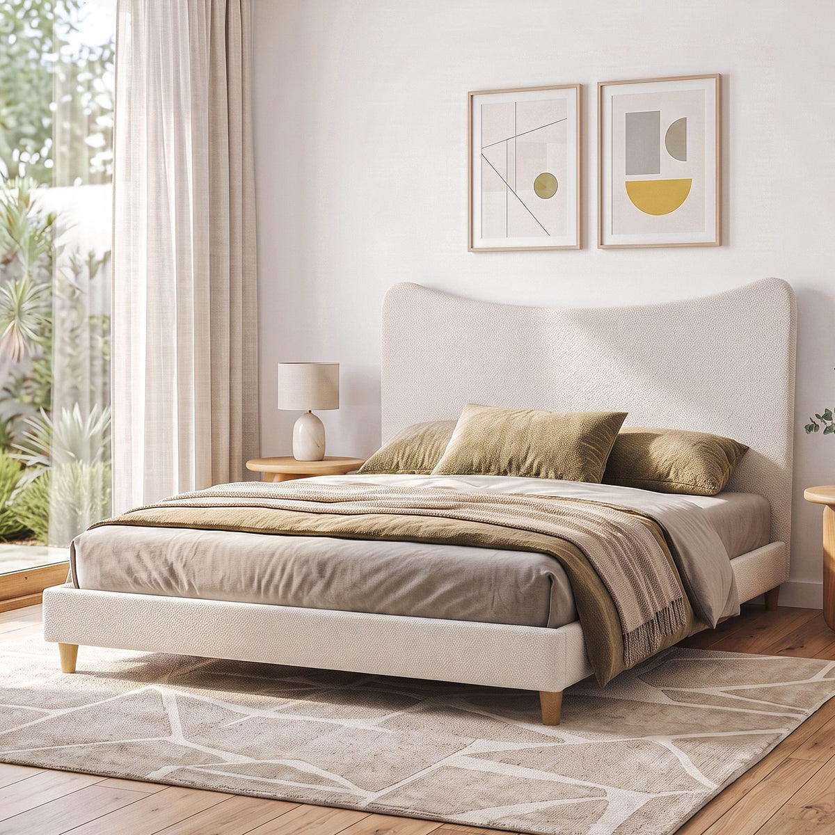 Artiss Boucle Bed Frame with Curved Headboard, Beige, 300kg Capacity