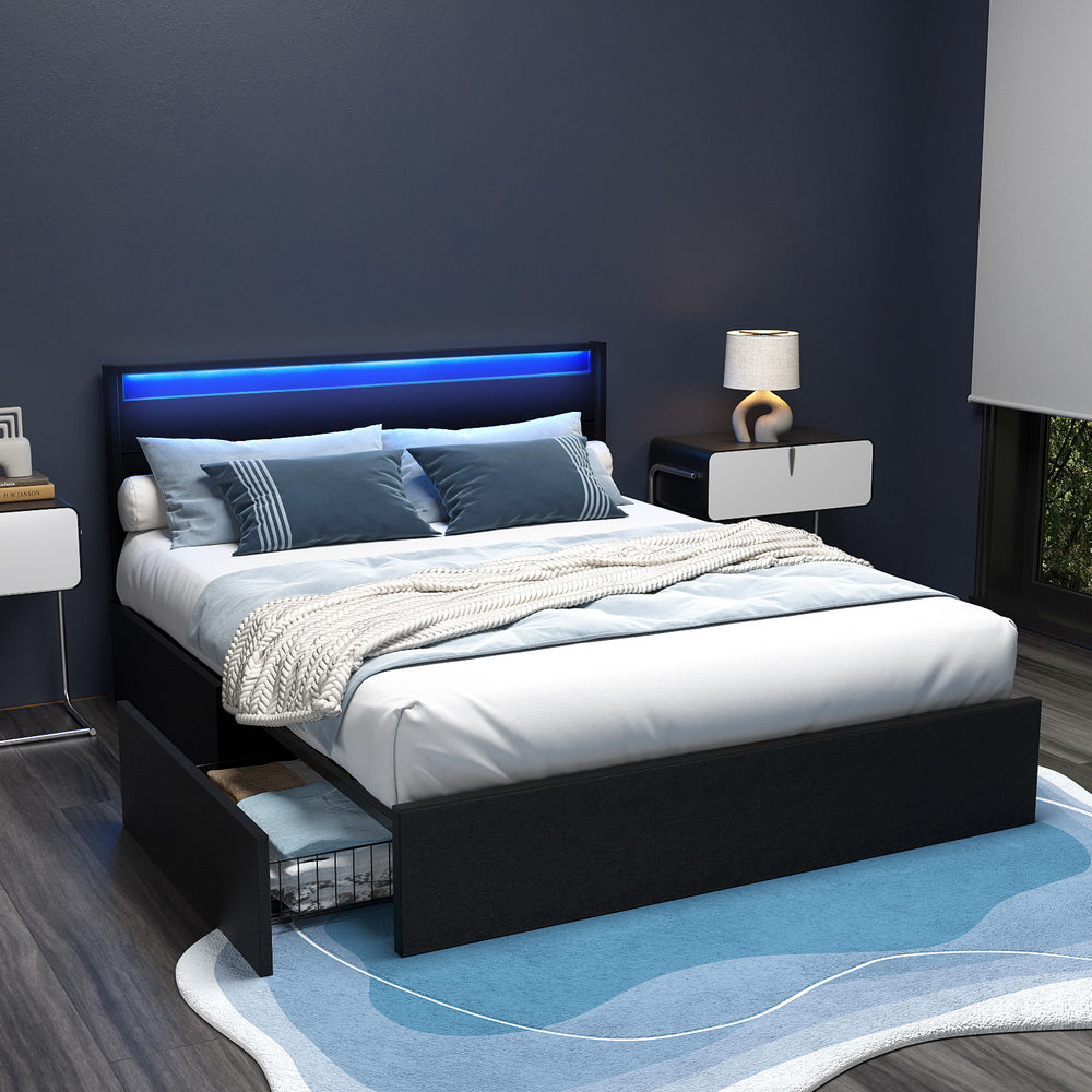 DUNN Queen Bed Frame LED 4 Drawers Black