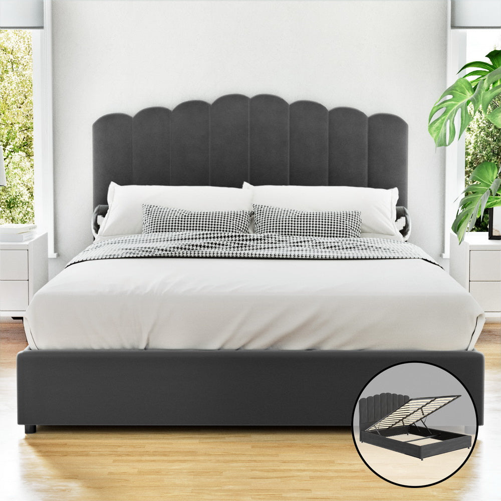 FION Double Bed Frame Velvet Gas Lift Grey