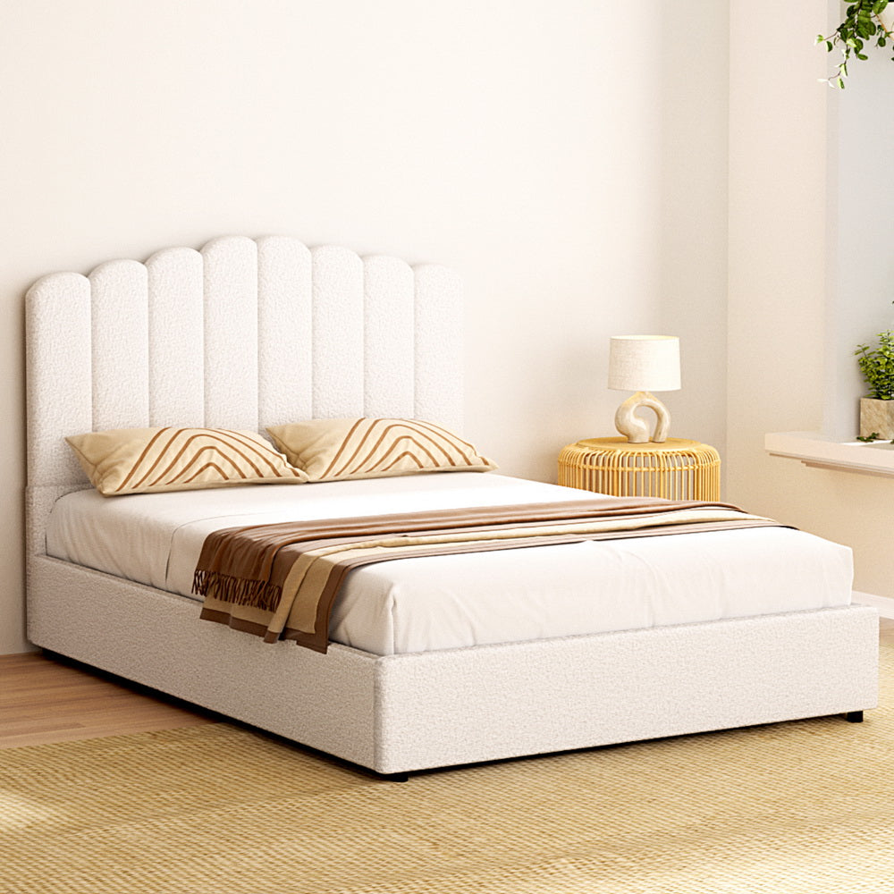FION Double Bed Frame Boucle Gas Lift Beige