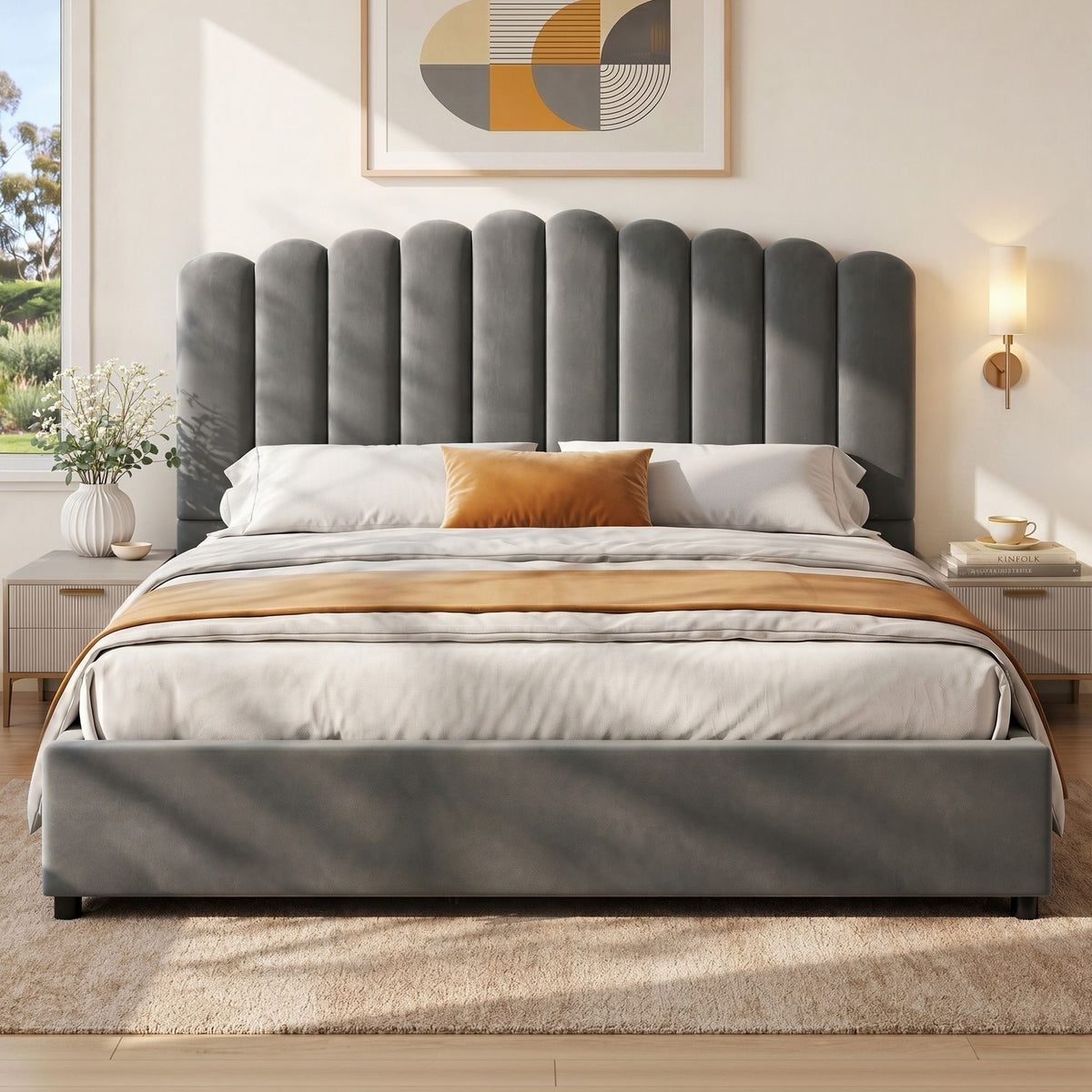 Fion King Gas Lift Upholstered Bed Frame Velvet Grey
