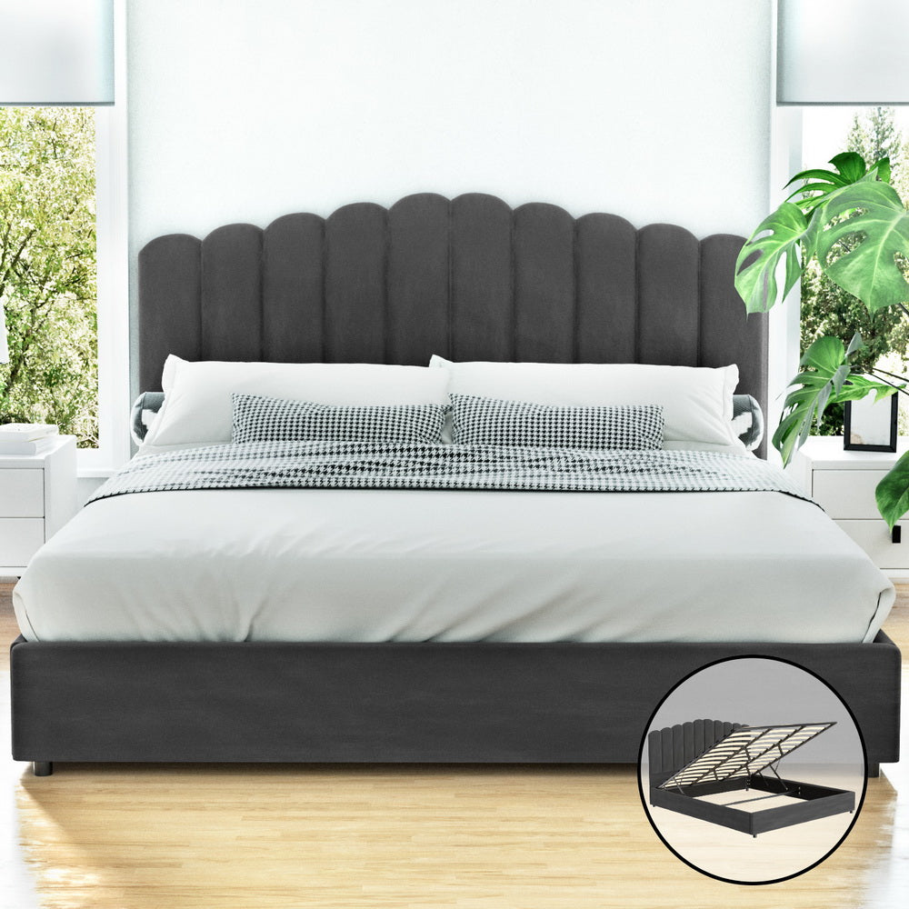FION King Bed Frame Velvet Gas Lift Grey