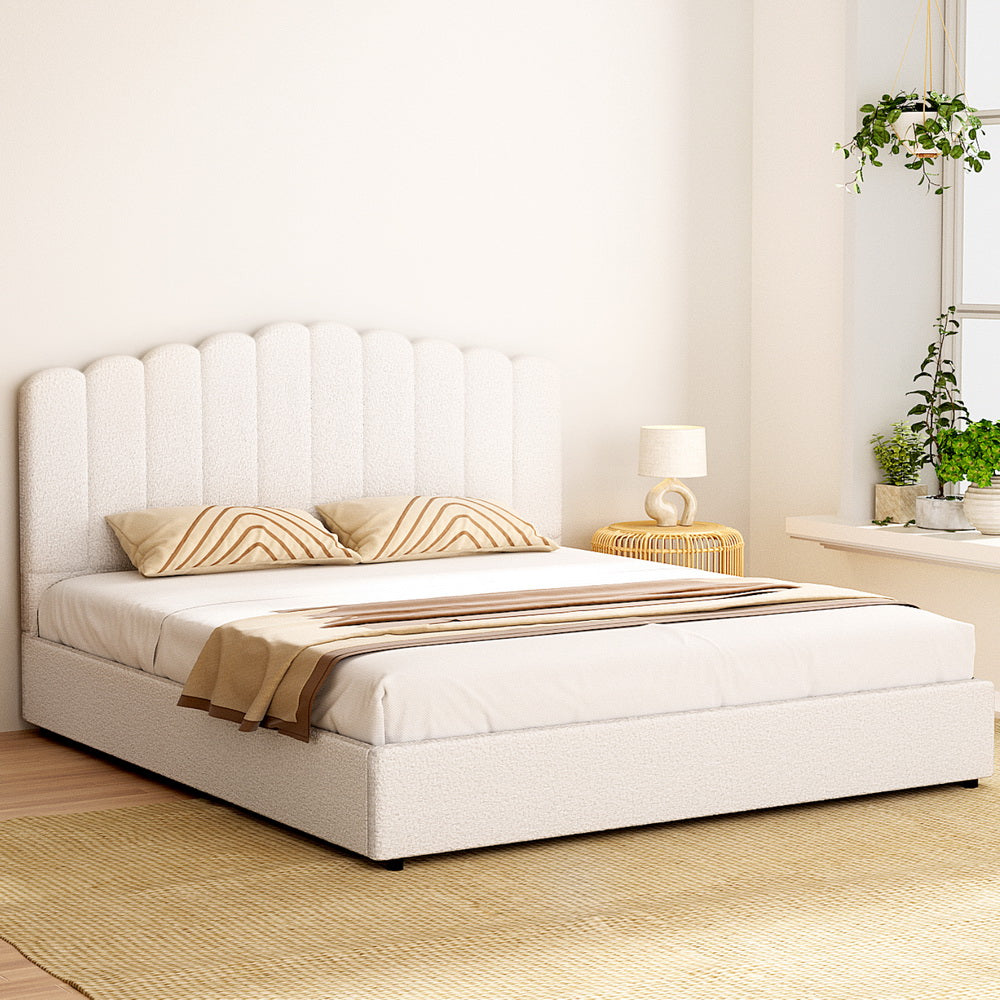 FION King Bed Frame Boucle Fabric Gas Lift Beige