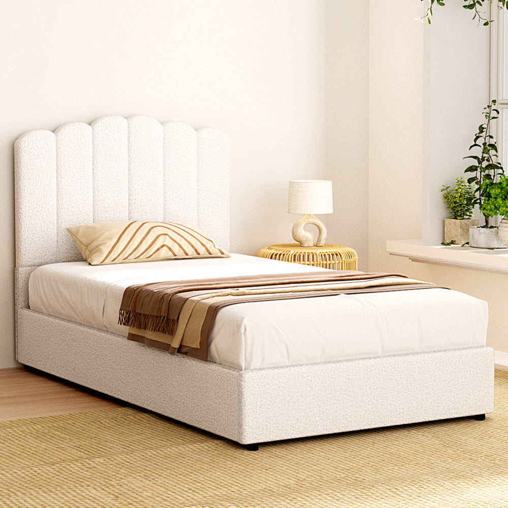 FION King Single Bed Frame Boucle Gas Lift Beige