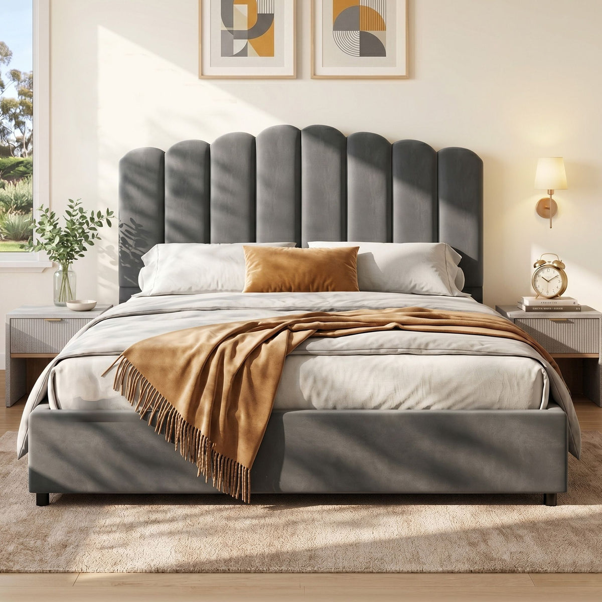 Fion Queen Velvet Bed Frame with Gas Lift Storage Grey