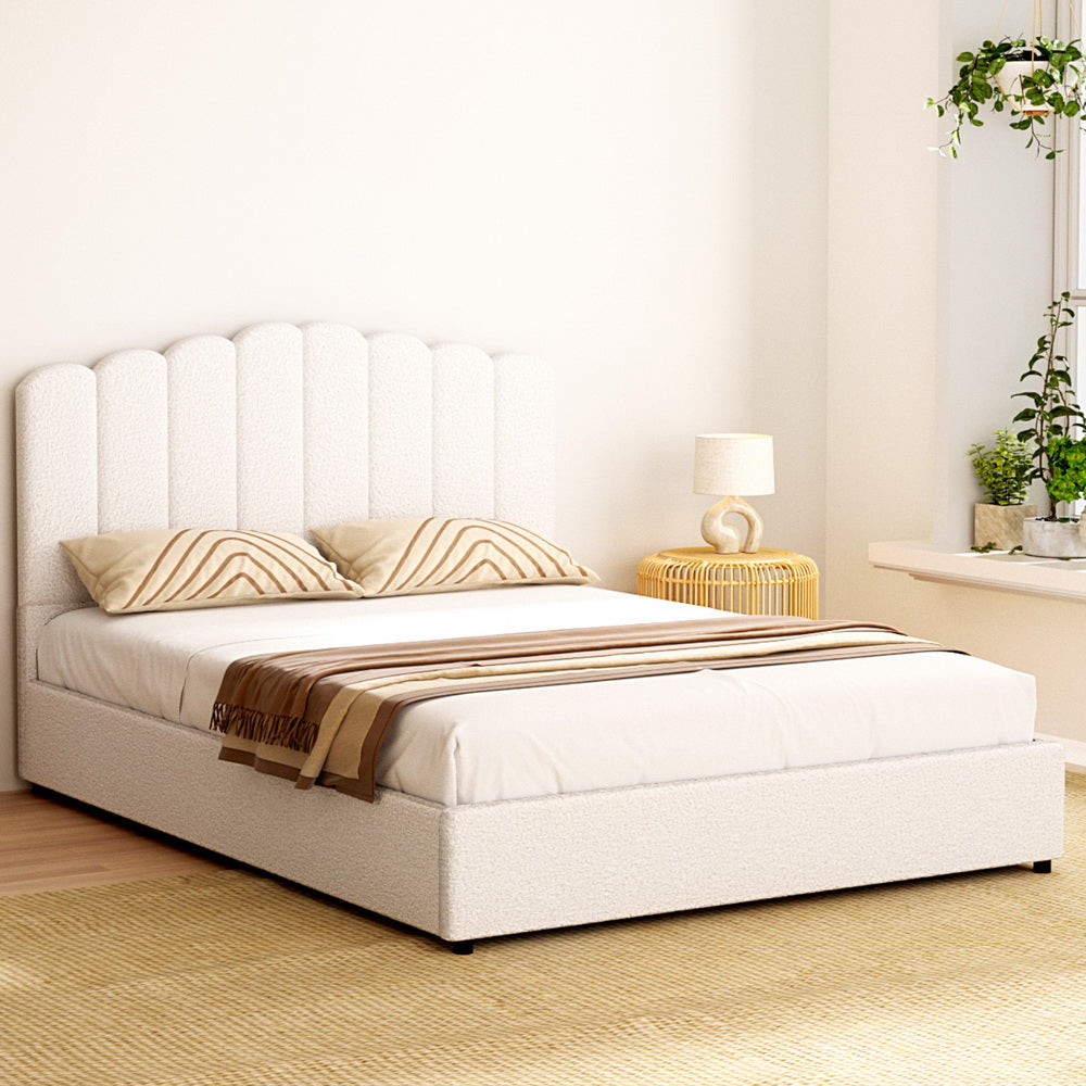 FION Queen Bed Frame Boucle Gas Lift Beige