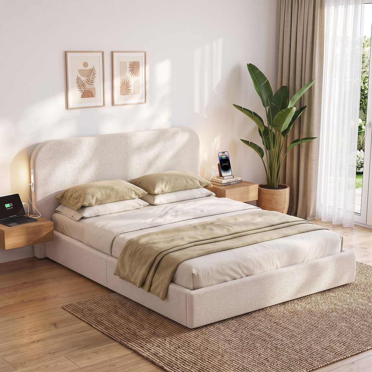 Artiss Queen Bed Frame with Bouclé Headboard and Night Lights